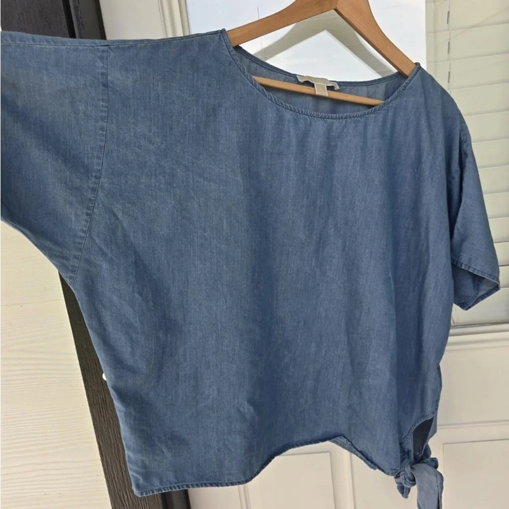 Michael Kors Chambray Side Tie Blouse Sz XL Women Blue Lightweight Classic